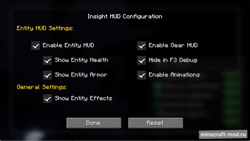 Мод Insight HUD для Minecraft 1.21.5