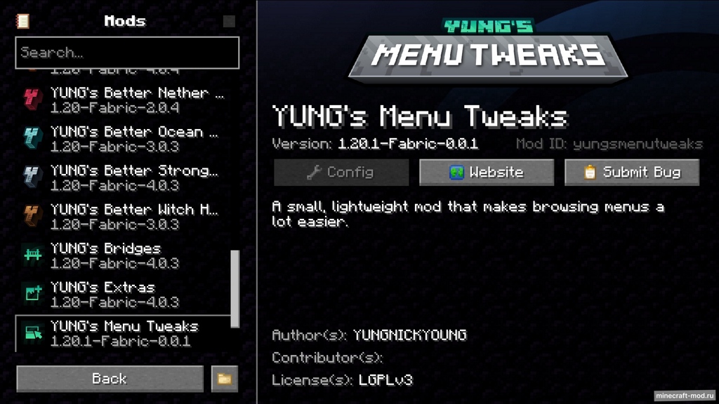 Мод YUNG's Menu Tweaks для Minecraft 1.21, 1.20.4, 1.20.1