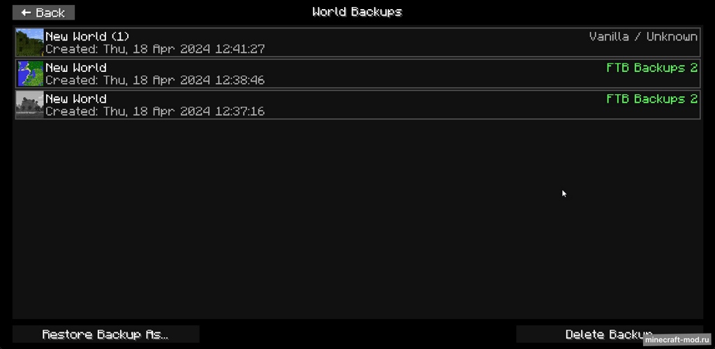 Мод Backup Manager для Minecraft 1.20.4