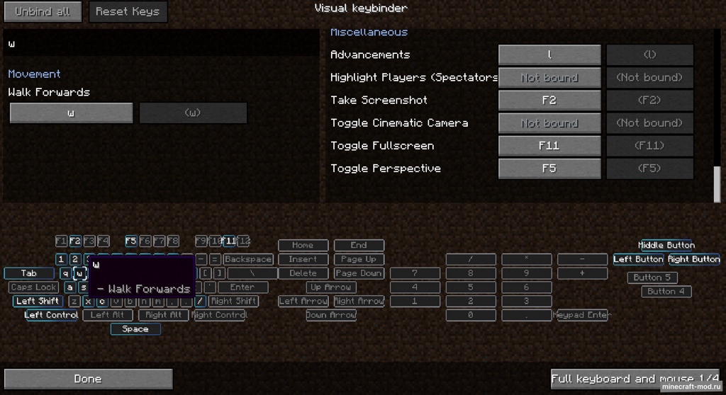 Мод Raw's Visual keybinder для Minecraft 1.20.1, 1.19.2